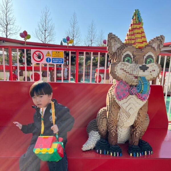 レゴランドのレゴブロックの前でポーズをとる4歳の子供