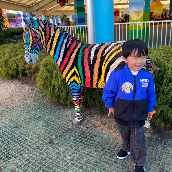 レゴランドのレゴブロックの前で喜ぶ4歳の子供